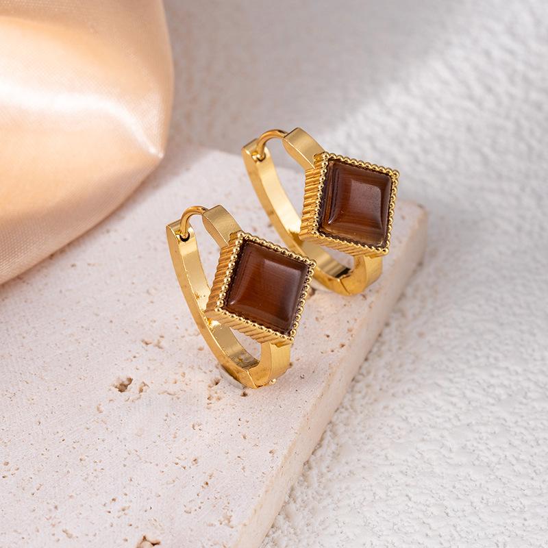 High-end Geometric Stainless Steel Stud Earrings with Imitation Blue Turquoise Cat's Eye