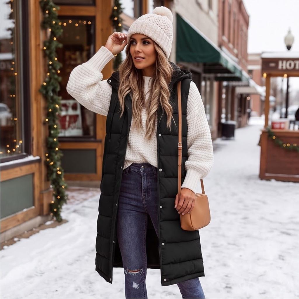 Women's Hooded Padded Vest Color Single-Breasted Mid-Length Slim Fit Sleeveless Jacket Coat