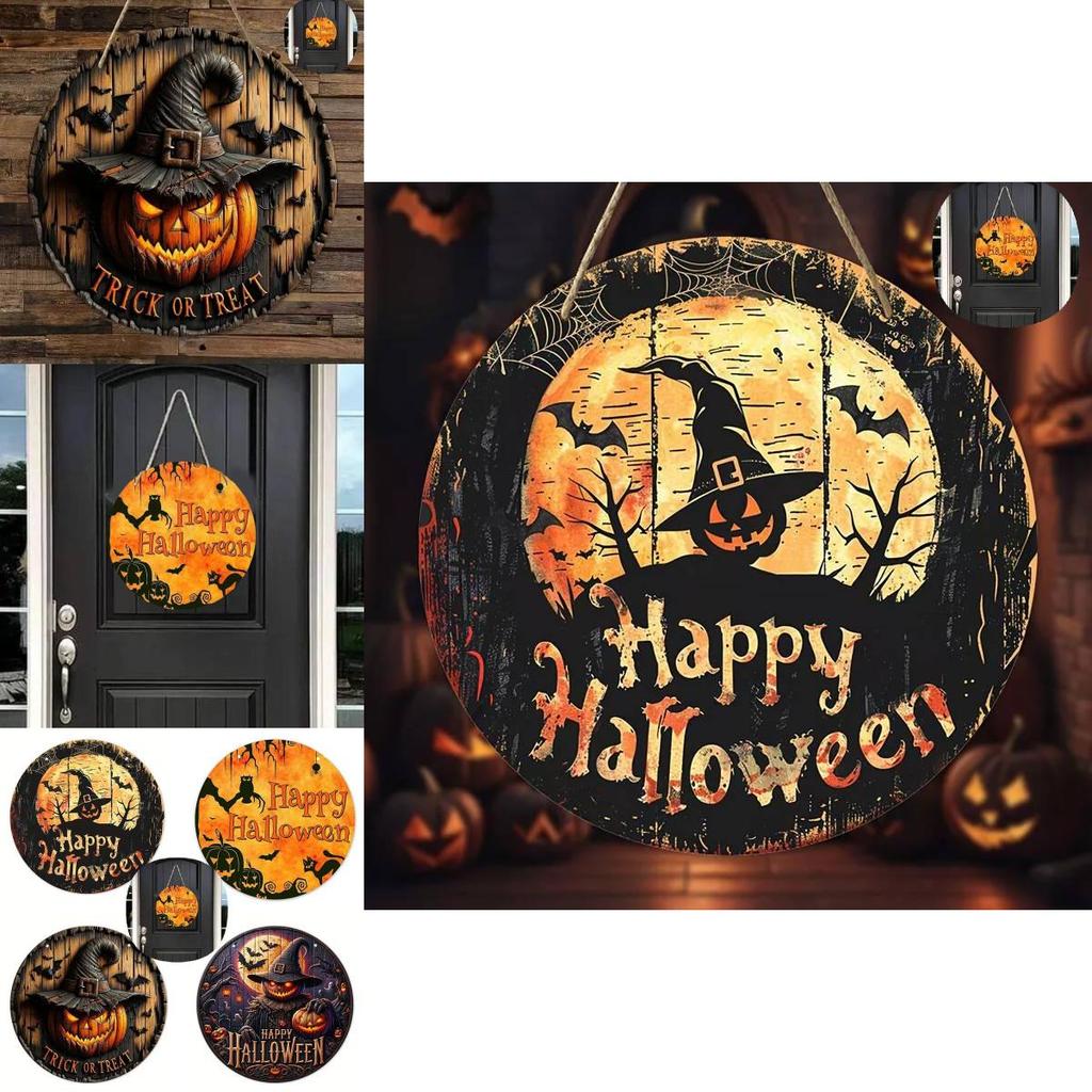Modern Minimalist Wooden Halloween Door Sign With Creative Round Design For Home Decoration