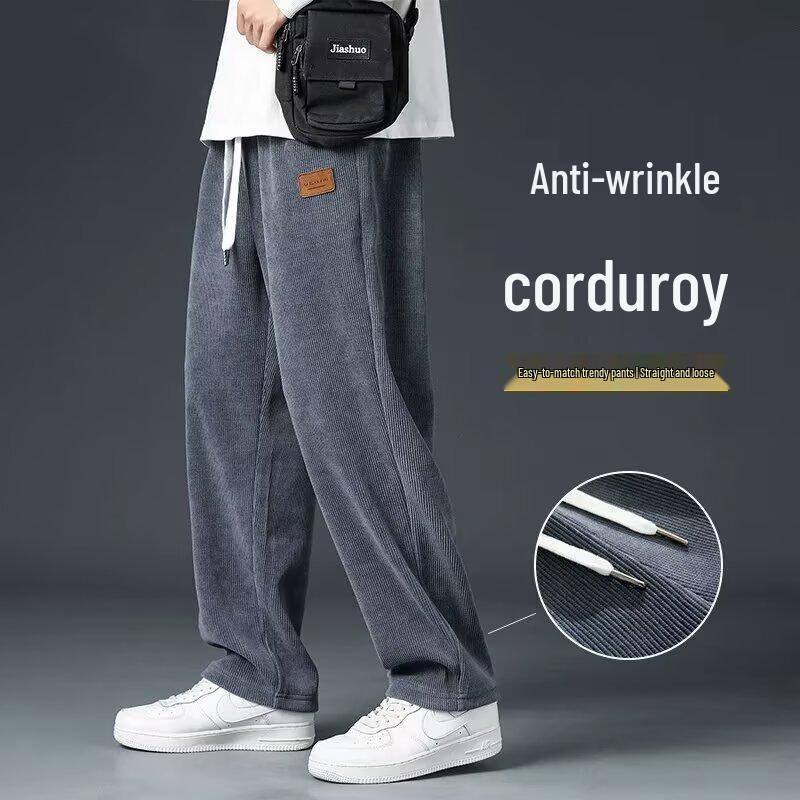 Men's Corduroy Heavyweight Straight-Leg Sweatpants: Trendy Wide-Leg Casual Pants for Spring and Autumn.
