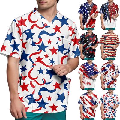Camiseta de Manga Corta con Cuello en V para Hombre con Estampado del Día de la Independencia y Bolsillo en el Pecho