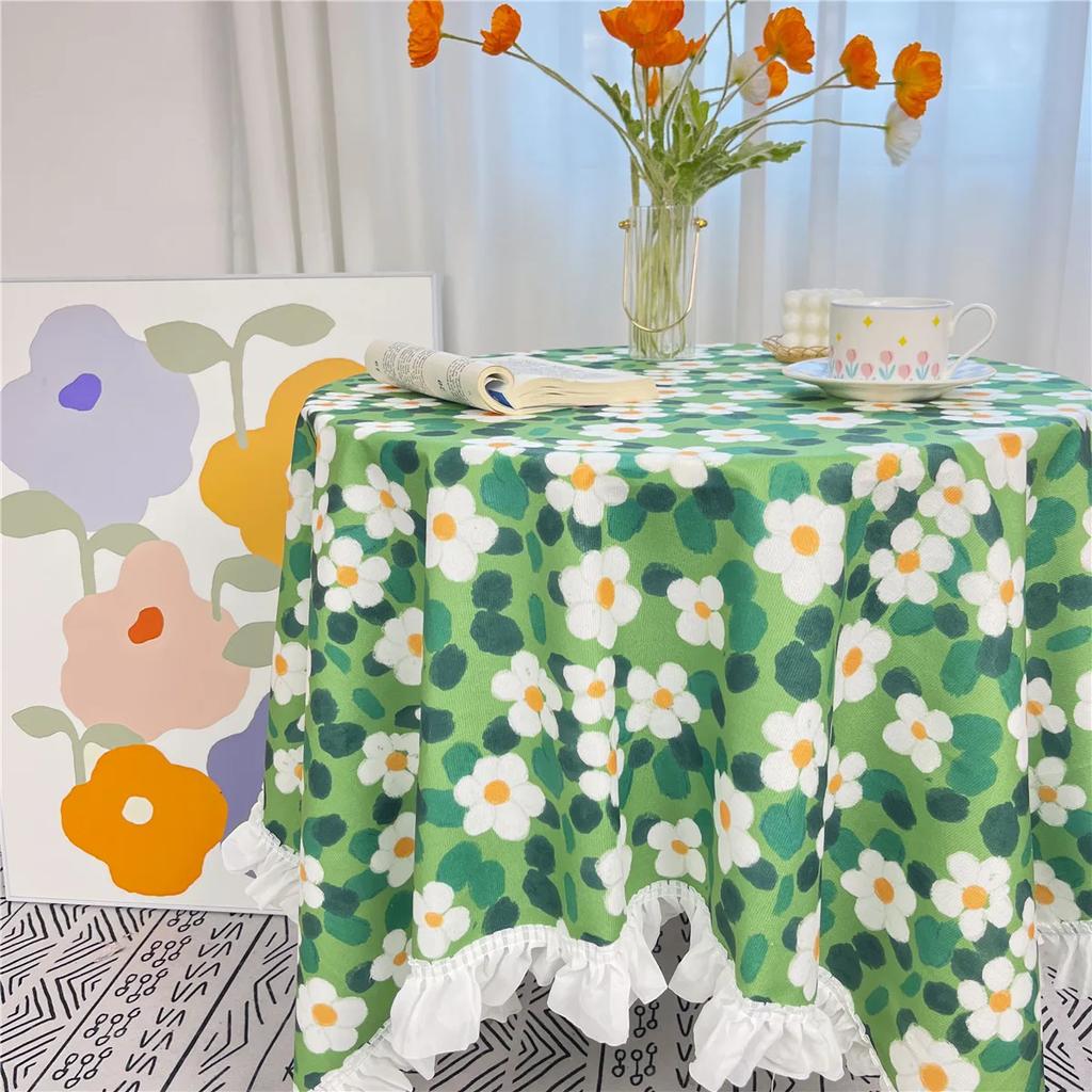 White Pleated Border Printed Tablecloth Flower Pattern Brushed Fabric Table Cover Rural Style Rectangular Dining Table Cloth