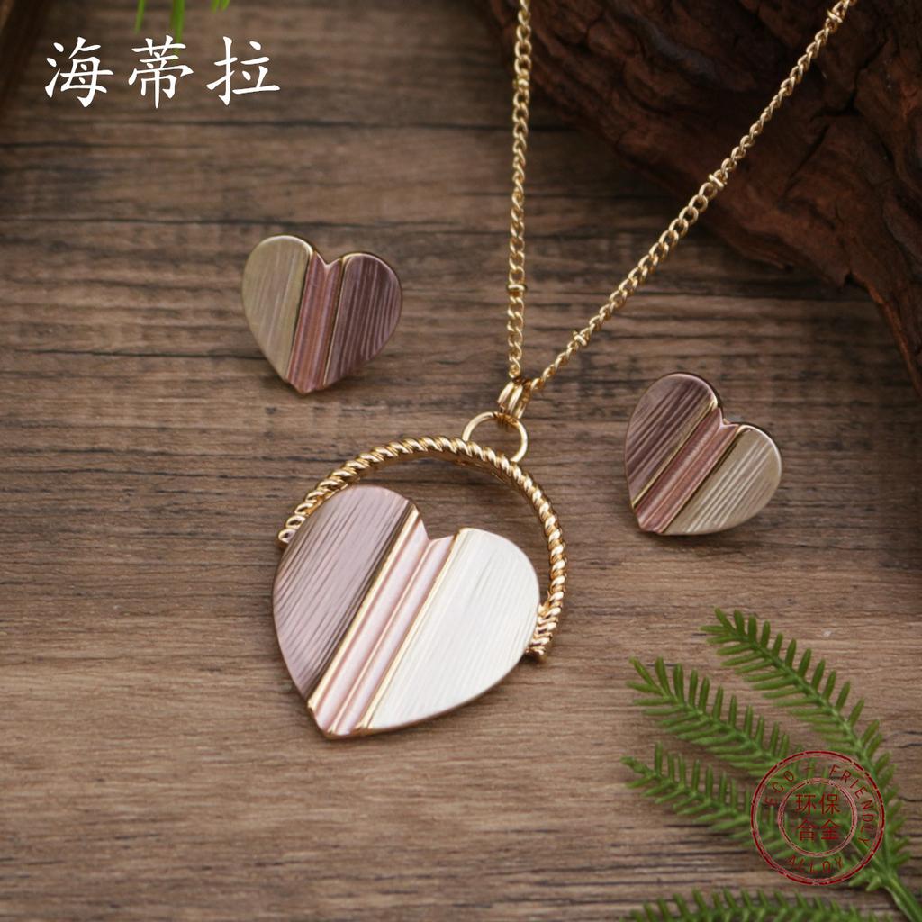 New Color Painting Oil Love Stud Earrings Pendant Set Women's Simple and Cute Heart Stud Earrings Necklace Set