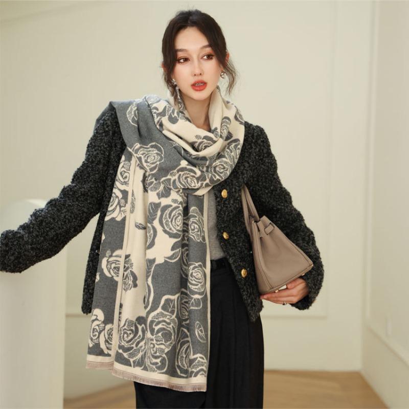 Autumn and Winter Scarf Women's New Rose Story Double-sided Jacquard Imitation Cashmere Scarf Versatile Warm Thickened Shawl