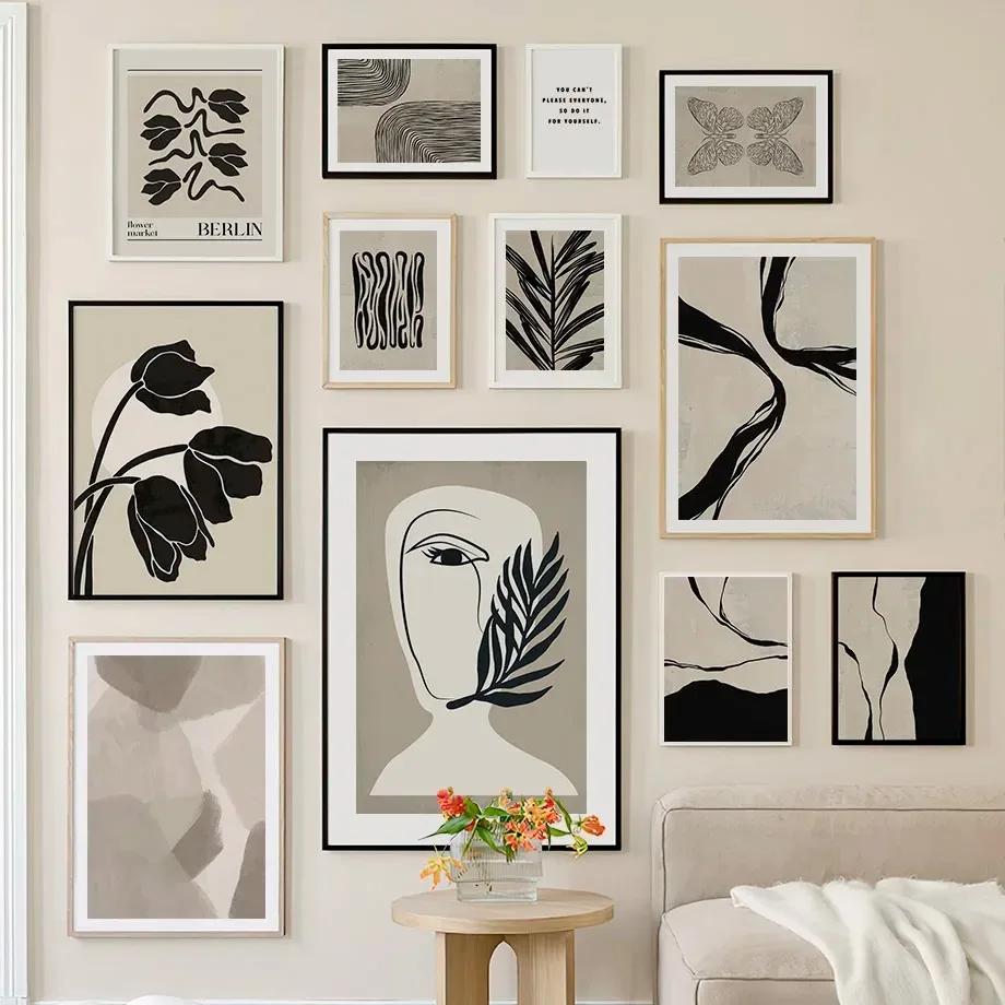 Modern Minimalism Wall Art Nordic Canvas Painting Black Gray Abstract Flower Leaves Girl Face Posters And Prints Wall Pictures