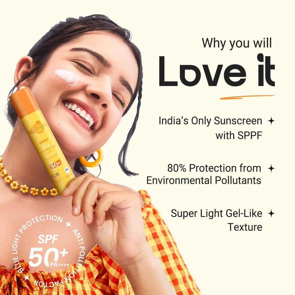 Aqualogica Glow+ Dewy Sunscreen Gel SPF 50+ PA++++ Lightweight No White Cast Daily UV Protection 50 g Face Use