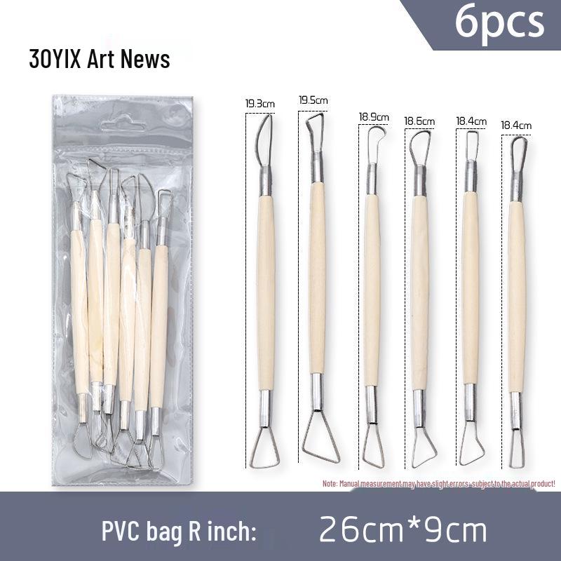 

6-Piece Pottery & Sculpture Tool Set - Double-Headed Wooden Knives for Clay Trimming & Polymer Art.