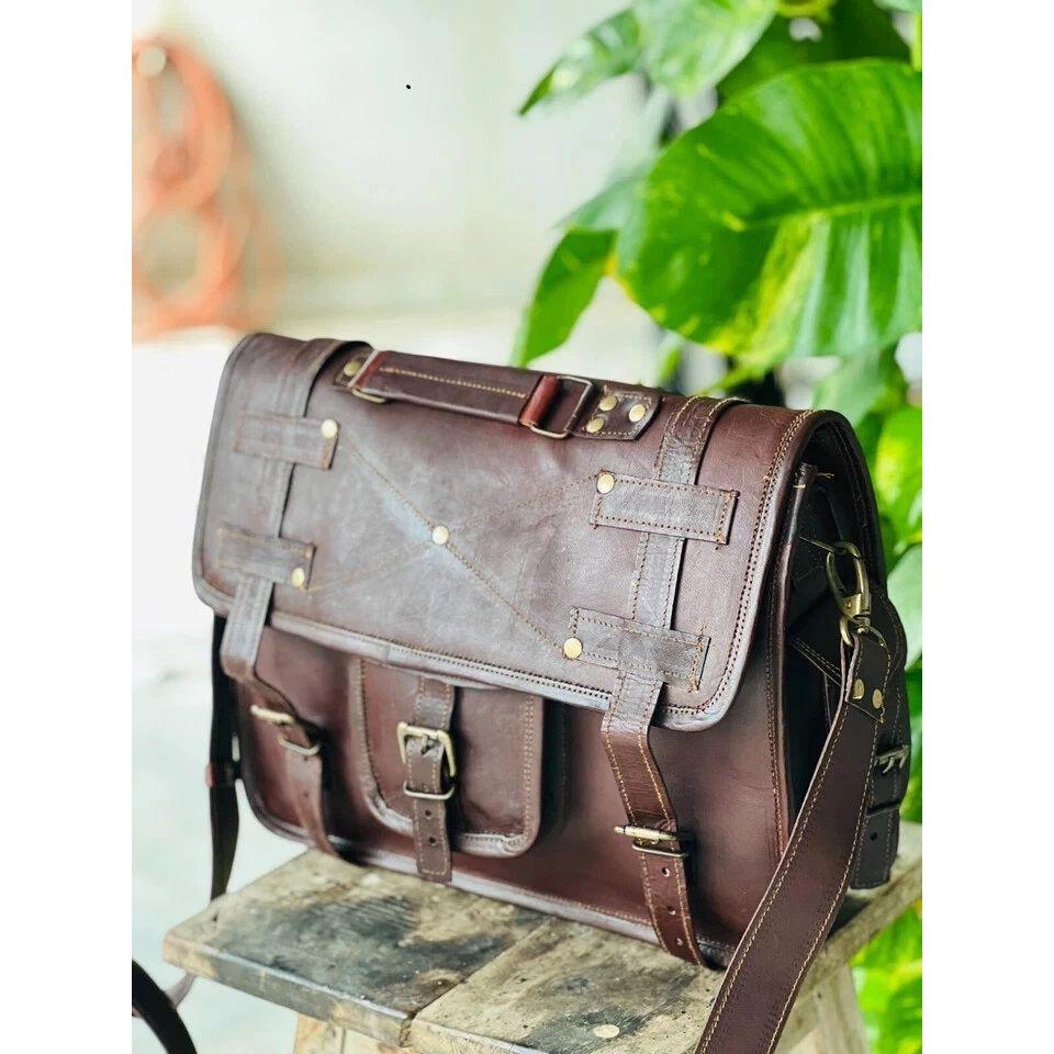 Handmade Men's Leather Vintage Laptop Big Storage Bag Satchel