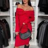 Elegant Off Shoulder Solid Slim Hip Wrap Dress Women Sexy Cross Long Sleeve Long Dress Fashion Hight Waist Draped Party Dresses