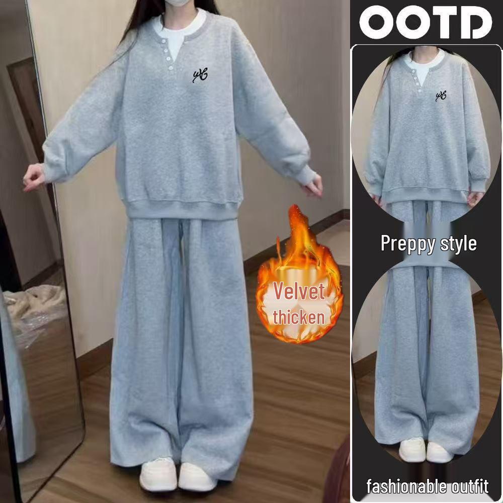 

American Style Plus Velvet Two-Piece Set: College Hoodie & Wide-Leg Pants for Autumn/Winter M
