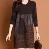 Autumn Winter Women's Sweater Dress Knitted Patchwork PU Leather A-Line Dress Plus Size Knitted Dress