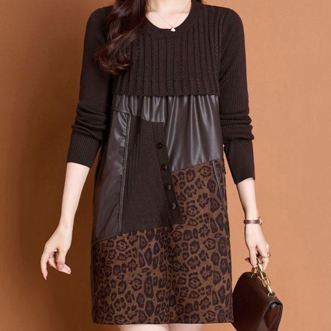 Autumn Winter Women's Sweater Dress Knitted Patchwork PU Leather A-Line Dress Plus Size Knitted Dress
