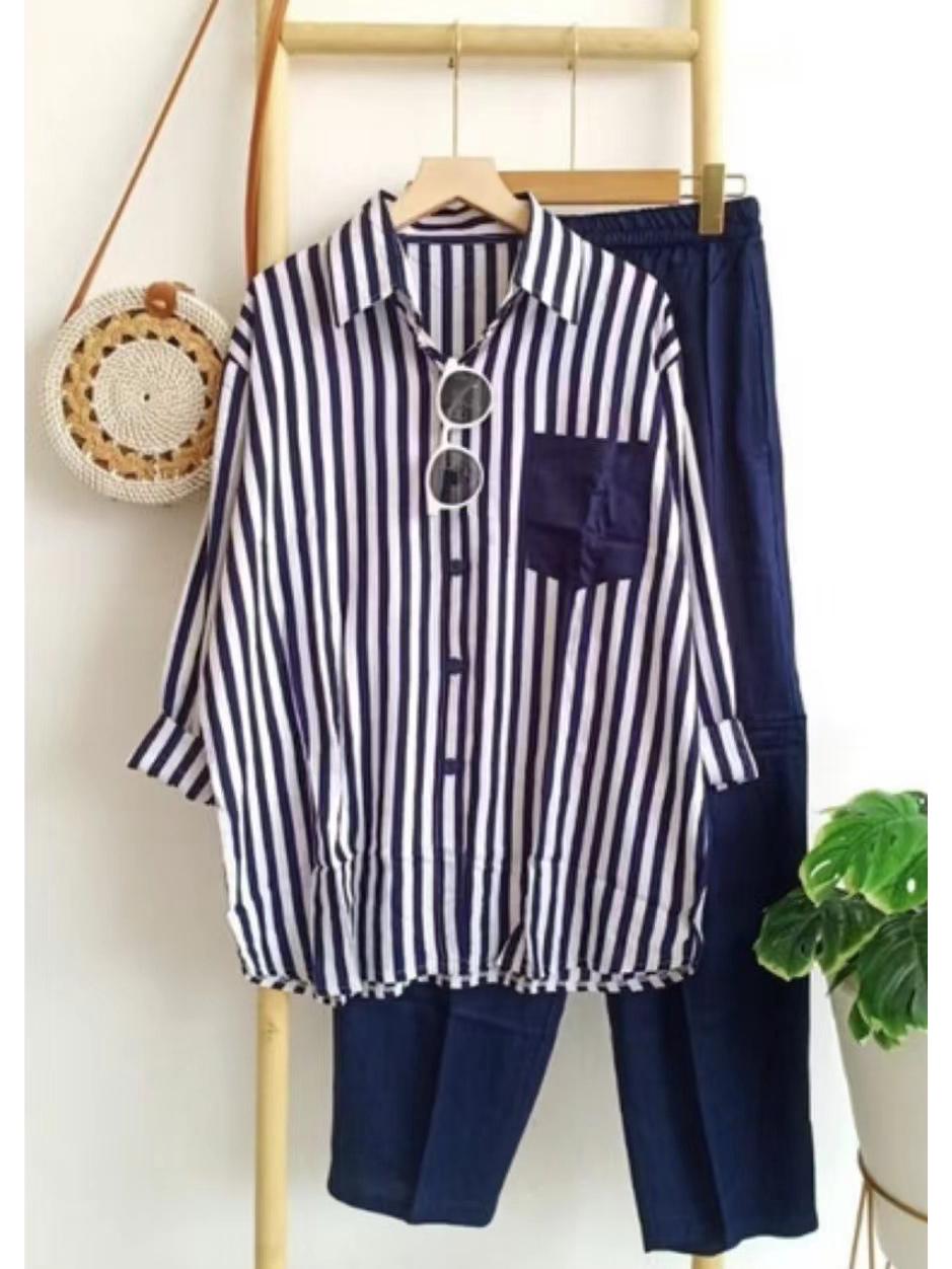 

Summer 2023 Striped Casual Women s Set: Loose, Slimming, Comfortable Fashion. 5XL темно-синий