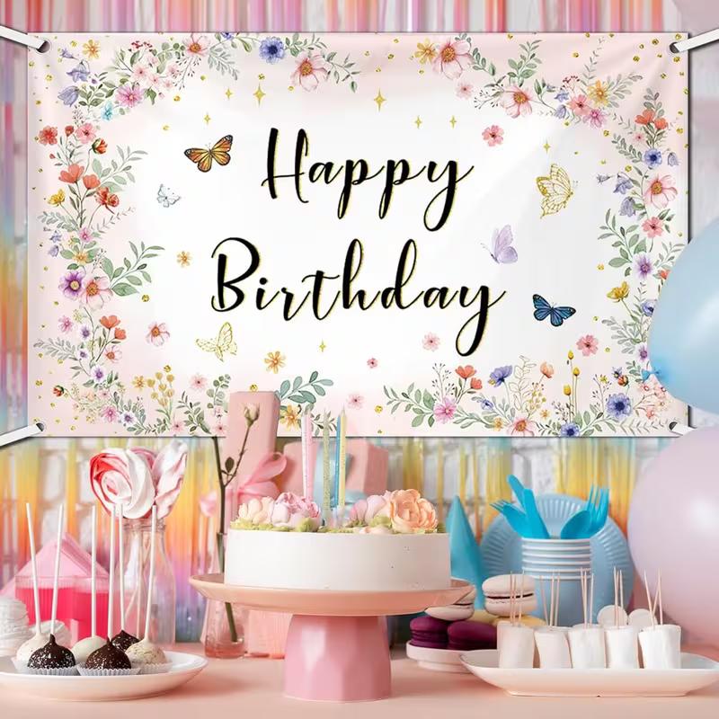2D Floral Butterfly Happy Birthday Backdrop, Pink Flower Party Photography Background Cloth
