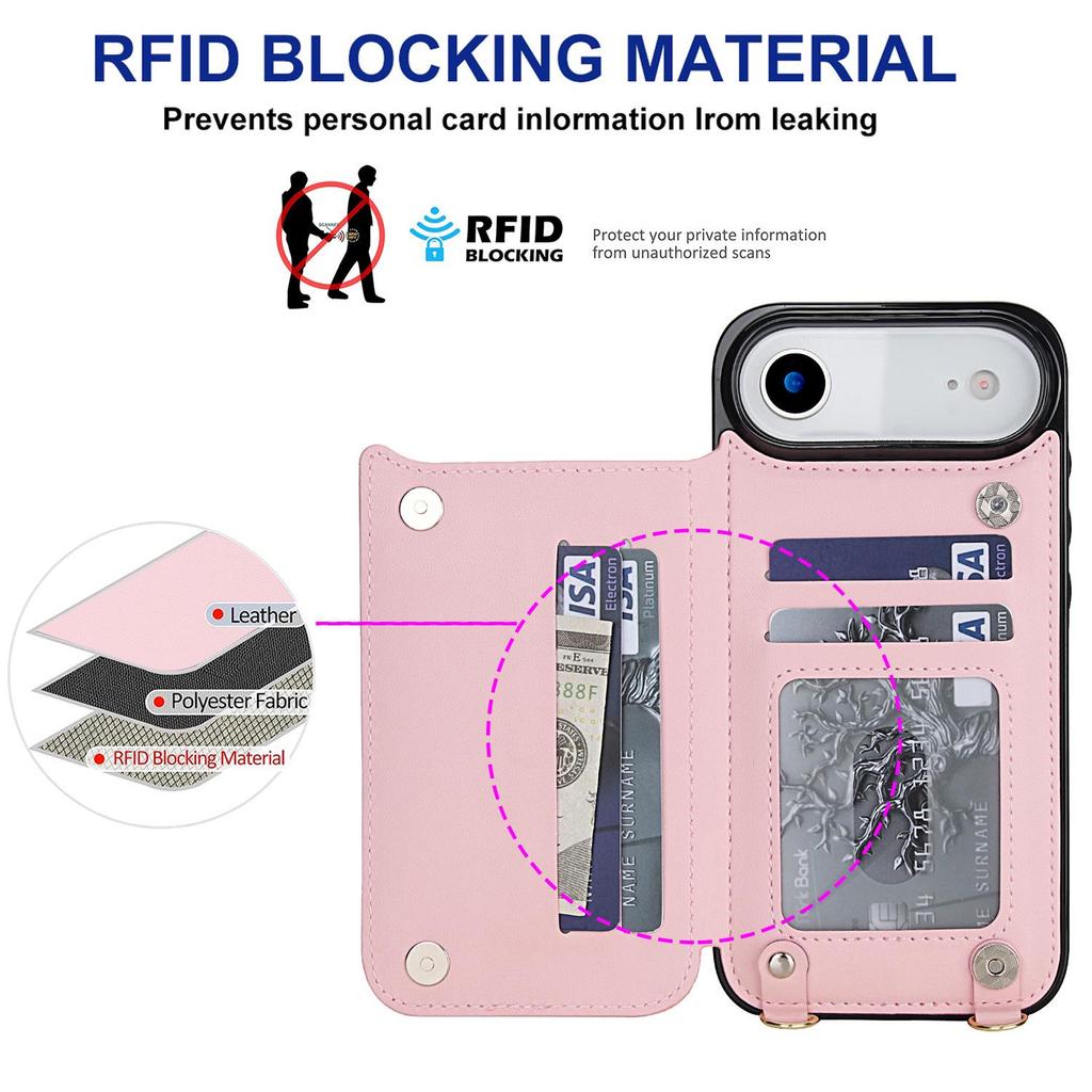 iPhone 17 Pro Max Crossbody Leather Wallet Case with Card Slots & Double Buckle Zipper