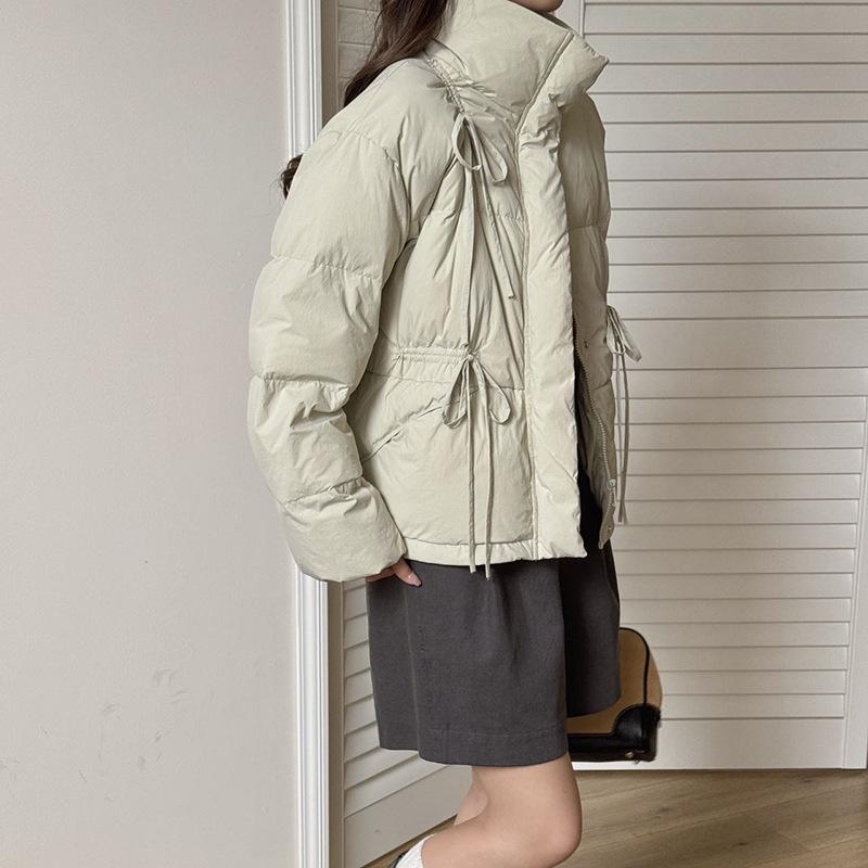 Sweet bow strap down jacket women's short 2024 new stand-up collar warm white duck down bread jacket trendy