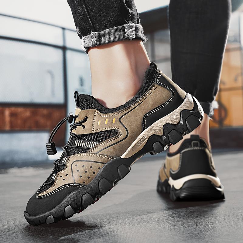 Fashion Genuine Leather Outdoor Hiking Shoes Leisure Lightweight Mens Mesh Breathable Hollow Sports Shoes for Men Trekking Shoe 2025 New