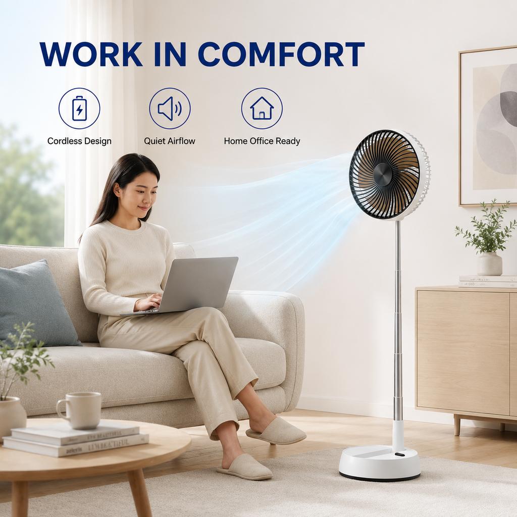 Teleskopischer Faltbarer Leiser Wiederaufladbarer Ventilator mit Fernbedienung, Oszillierendes Design, Schreibtisch- und Boden-Doppelnutzung, Tragbar für den Außenbereich