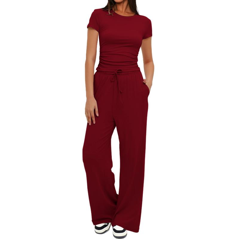 Solid Color Casual Long Sleeve Set Top High Waisted Wide Leg Pants Sportswear
