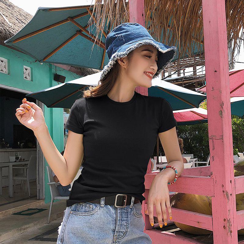 Korean Slim-Fit Red T-Shirt for Women - Figure-Flattering, Waist-Cinching, Straight-Shoulder, High-Stretch, Short-Sleeve