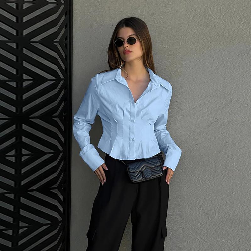 Plissert Slim Fit Topp Dame Bomullsskjorte Pendler Polokrage Langermet Ensfarvet Bluser Enkeltspent Kort Topp Elegant Kontordame Sommer