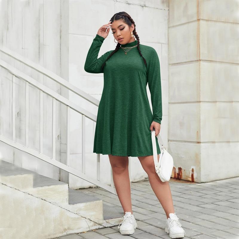 Lediga Klänningar med Lång Ärm Enfärgad Klänning Dam Mock Neck Grön Klänning Lös Hög Midja Klänning Plus Size Klänning Pendlar Modeklänningar