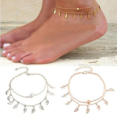 Hot Sale, Beach Women's Double-Layer Retro Foot Accessories, Tassel Leaf Anklets