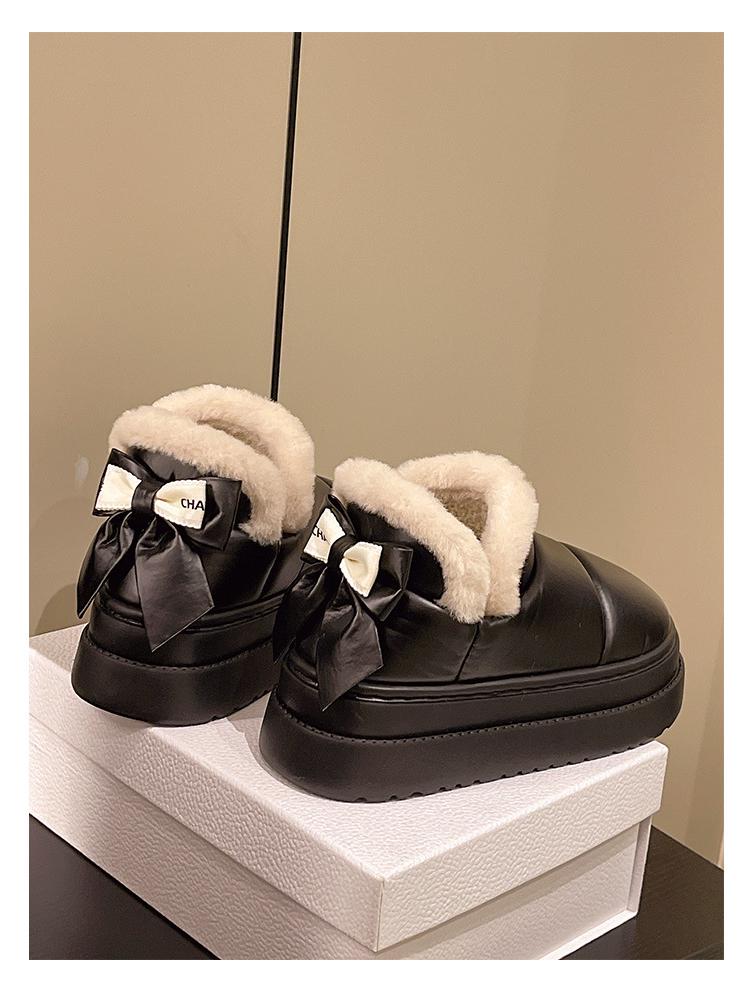 Women's Waterproof PU Leather Slippers: Thick Sole, Warm Velvet, Non-slip Bow Design for Outdoor Use