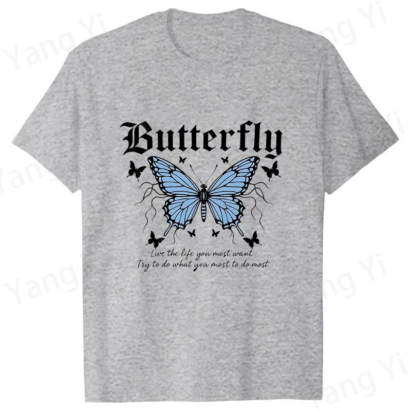 Blue Butterfly Print and Inspirational Slogan Print Tshirt Unisex Women Fashion Round Neck Loose Tee Shirt Streetwear Tshirt Tees