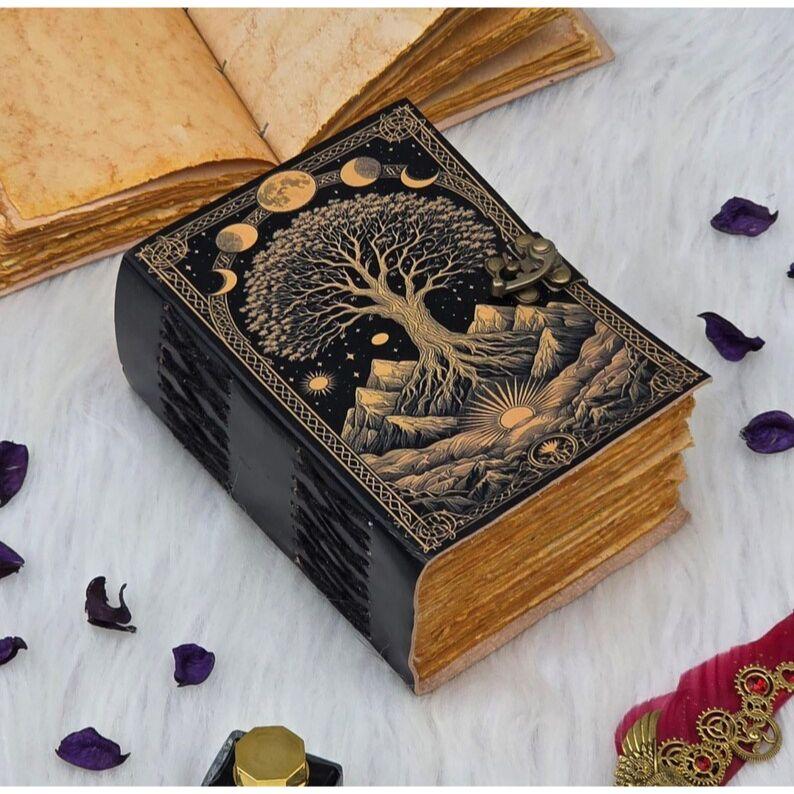 Celestial Tree of Life Journal Vintage Lock Diary with Moon Phases | Handmade Spellbook, Grimoire, Witchcraft Notebook, Book of Shadows
