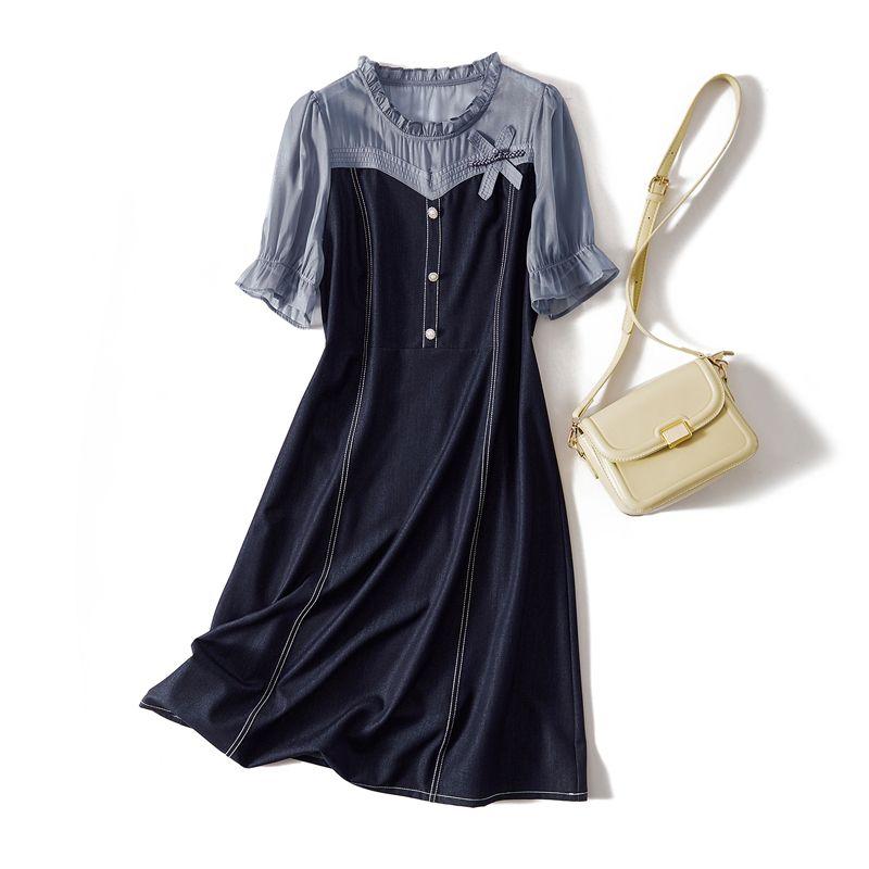 

Carry out Elegant to the End! Design Sense Women Fake Two Pieces Washed Cotton Denim Blue Clover Badge Dress Summer Dark blue 3XL