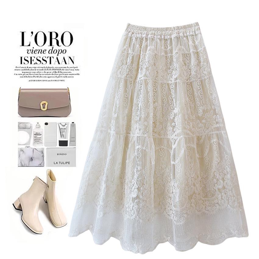 

Кружевная юбка миди в корейском стиле с вышивкой - Всесезонный пышный сетчатый дизайн «зонтик» One Size абрикосовый