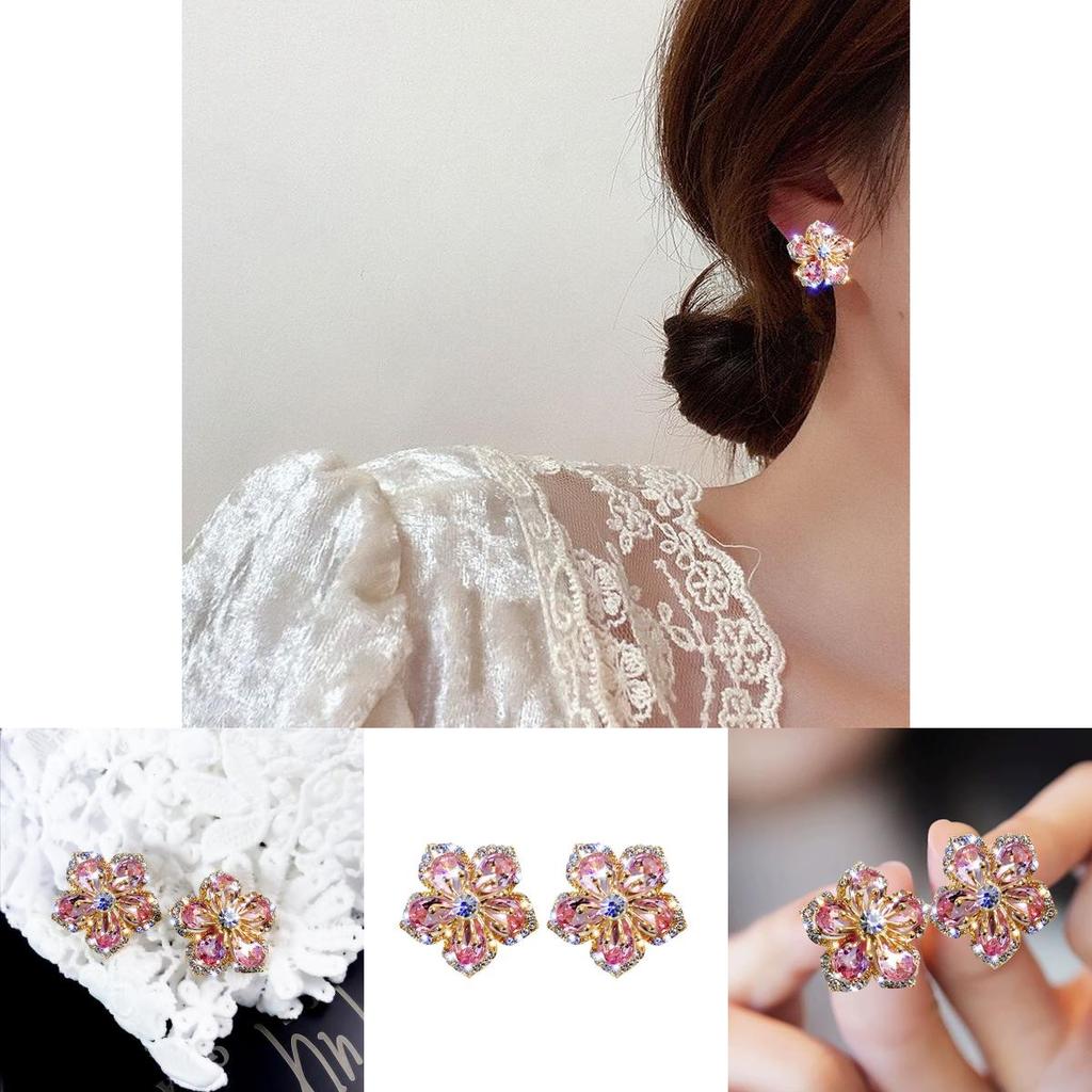 Flower Shaped Zircon Ear Studs With Silver Needle For Gift And Party Wear
