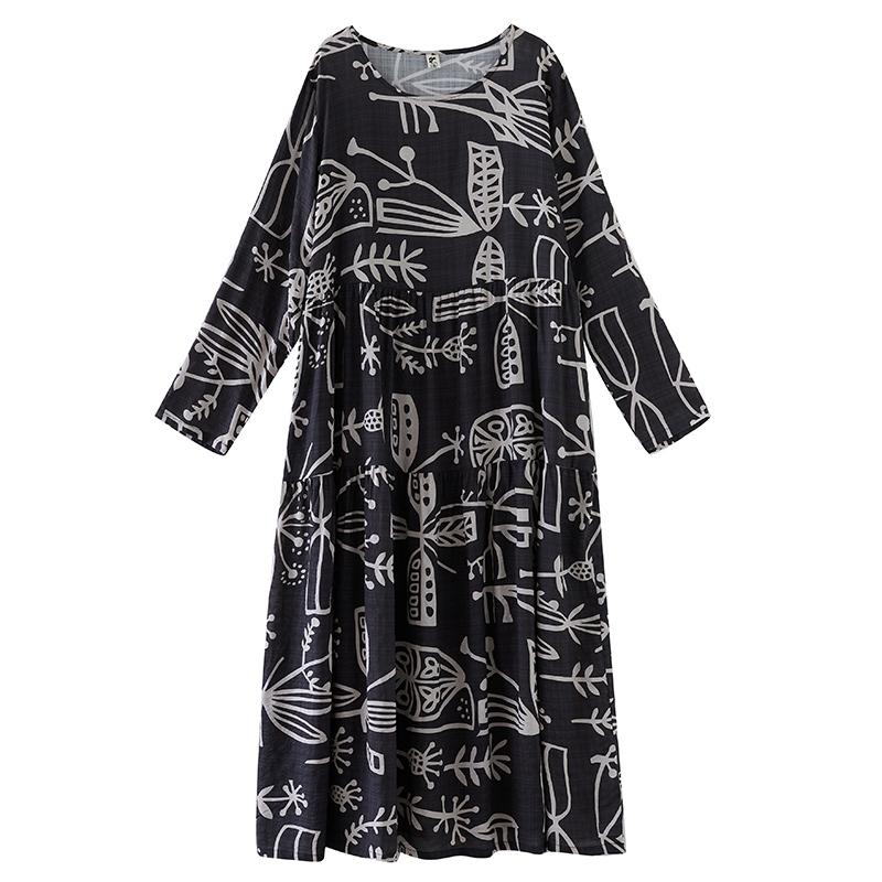 DIMANAF New 2026 Women Plus Size Spring Summer Beach Long Dress Print Black Maxi Long Sleeve Vintage Lady Loose Oversize