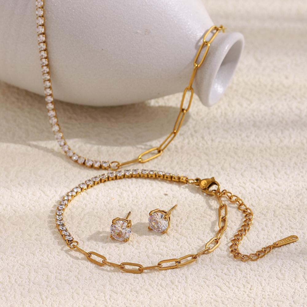MamacitaSlay 316L Stainless Steel AAA Zircon Asymmetrical Necklace Bracelet Earrings 18K Gold Plated Waterproof Jewelry Set Gift