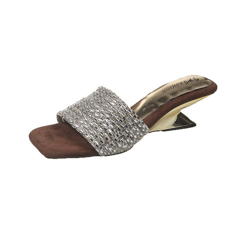 

Rhinestone word with sandals women s summer wear 2025 new super fire beautiful suede temperament slope heel cool slippers 40