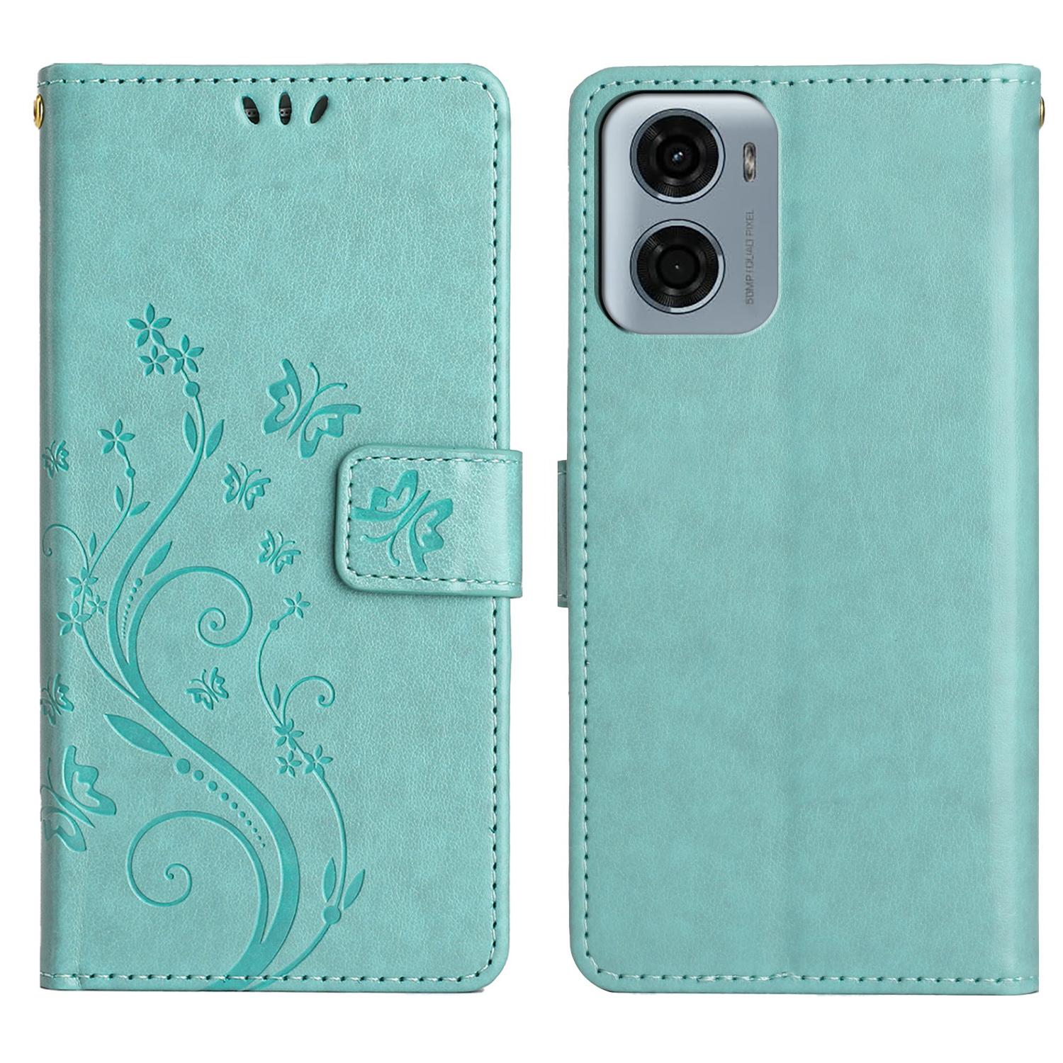 

For Motorola Moto G05 4G Leather Wallet Case Butterfly Flower Imprinted Phone Cover with Strap Baby Blue