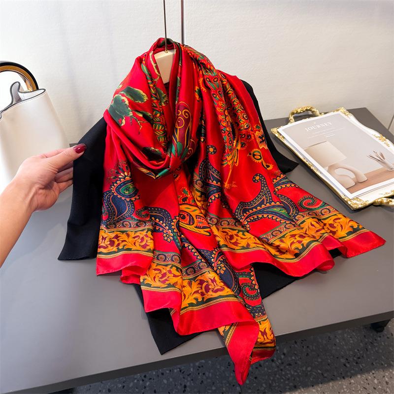 Spring And Summer Thin Peacock Simulation Silk Brocade Fashion Silk Scarf Long Scarf Silky Print Shawl Versatile Headscarf Scarf