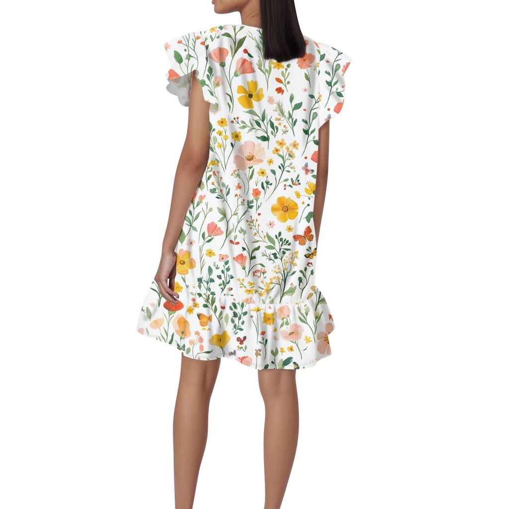 Women's Fashion Casual V Neck Wavy Edge Floral Print Short Sleeve Dress