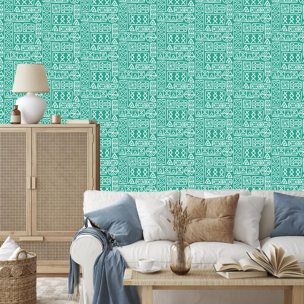 Polynesian Geometric Pattern Wallpaper Sea and Mint 50x1000