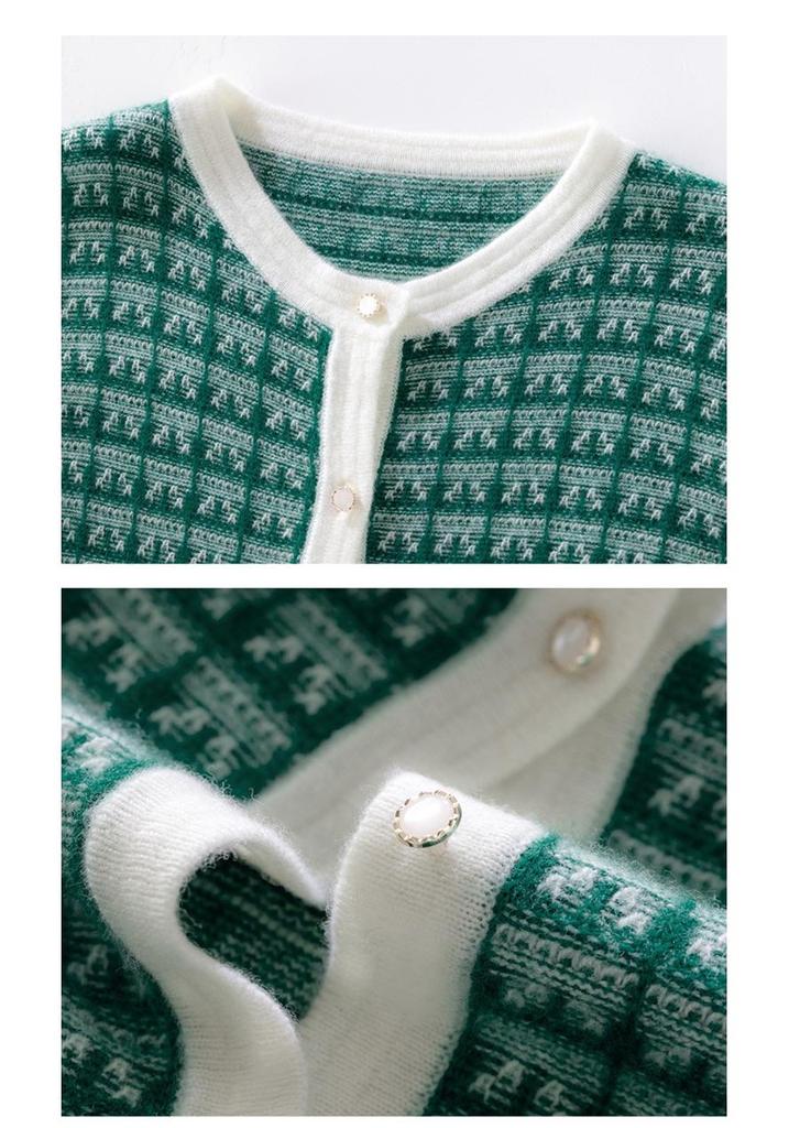 Women's Color Block Cashmere Cardigan – Autumn/Winter, Round Neck, Long Sleeve, Loose Fit with Pockets.
