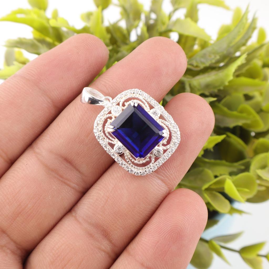 Blue Sapphire Gemstone 925 Sterling Silver Jewelry Zircon Pendant Gift For Wife CZP-11-7