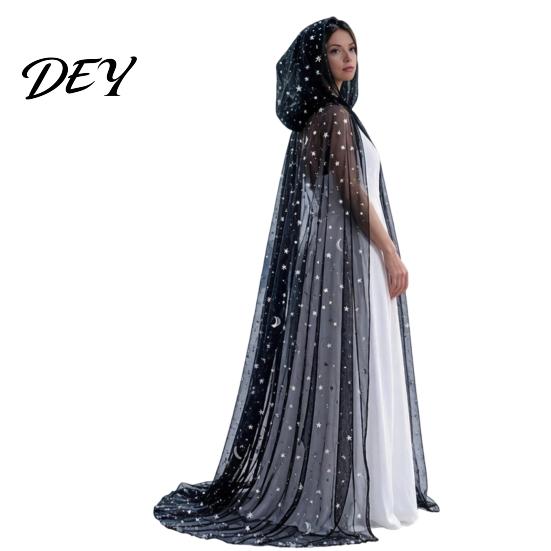Langes wallendes Hexengewand durchgehender Umhang mit Kapuze für Damen, Stern Mond durchsichtiges Halloween-Outfit für Erwachsene Tüll Gothic Umhang Kostüm, Renaissance-Accessoires