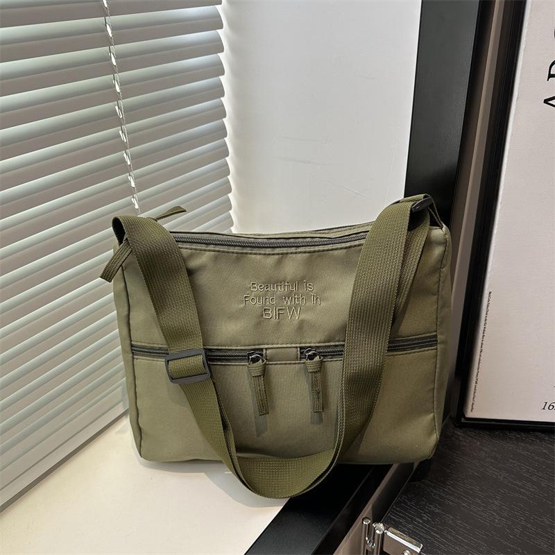 2025 Spring New Casual Light Cloth Bag Japanese Style Solid Color Simple Letter Embroidery Shoulder Bag Crossbody High Sense