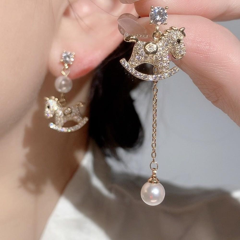 Cartoon Horse New Year Horse Earrings Zircon Horse Mascot Drop Earrings Gold Pony Earrings Women