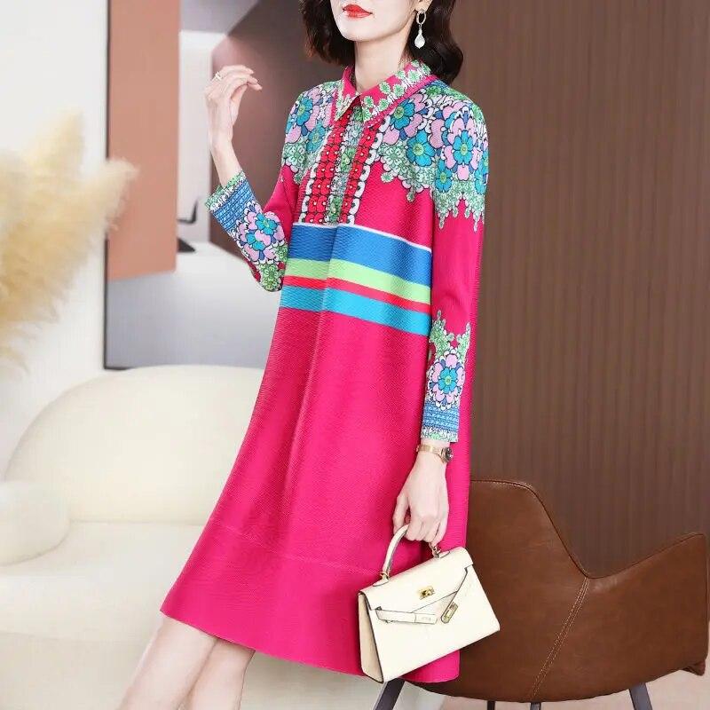 Design inspired printed dress, spring dress, women's new style, stylish lapel pleated loose fitting dress
