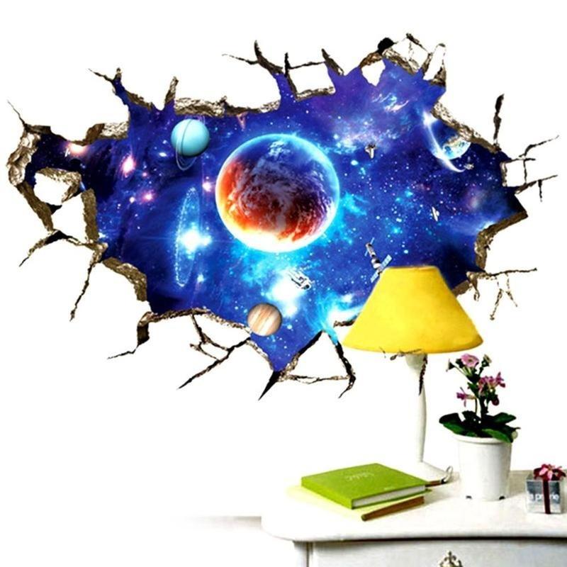 New 1Pc 3D Stereo Broken Wall Space Planet Wall Sticker Bedroom Living Room Ceiling Decoration Paste