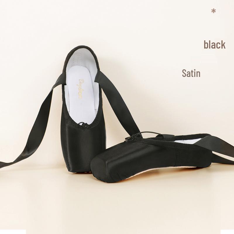 Dětské růžové saténové špičky pro začátečníky se stuhou - Tvrdá podrážka Dospělé taneční cvičky