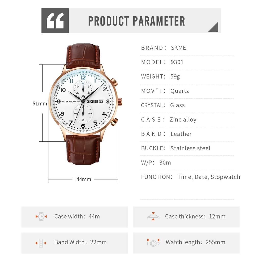 Skmei Mens Top Brand Luxury Genuine Leather Strap Waterproof Date Wristwatch Clock Reloj Hombre Stopwatch Quartz Watches 9301