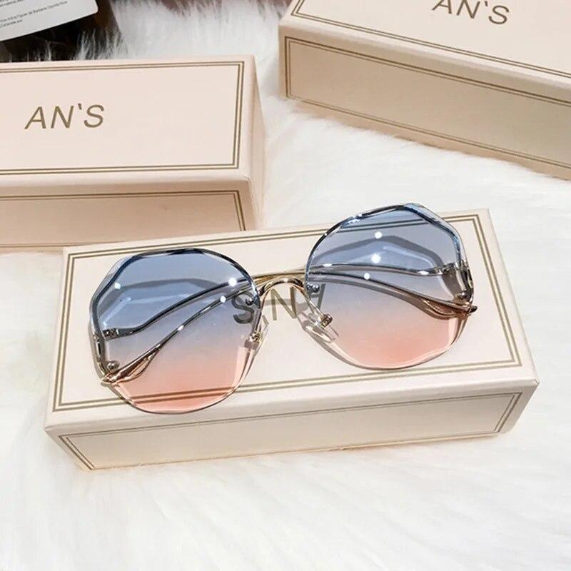 Irregular Round Sunglasses Woman  Designer Gradient Fashion Sun Glasses Female Rimless Metal Curved Temples Oculos De Sol